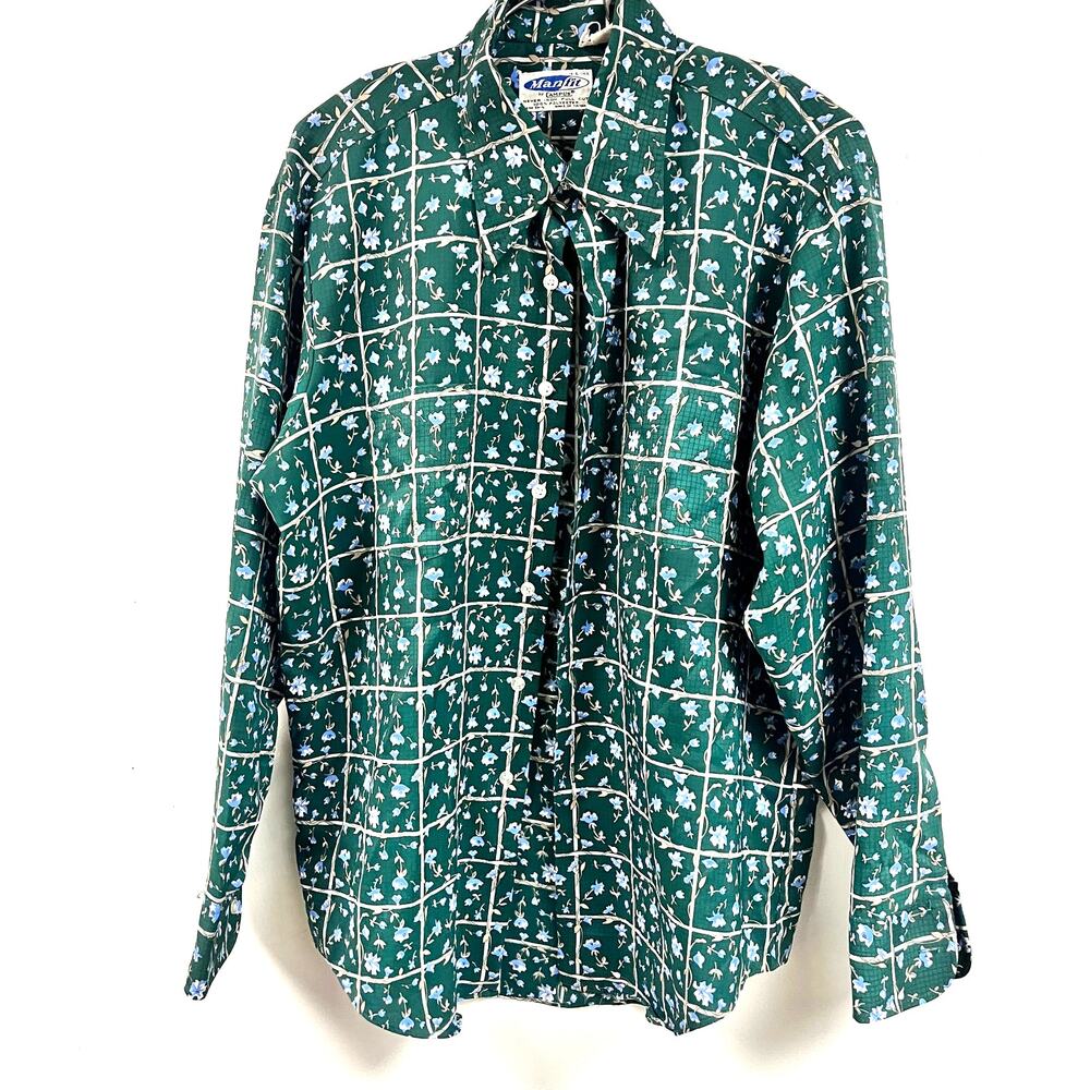 Men's Vintage 1970's Dagger Collar Green blue floral long sleeve button down LG